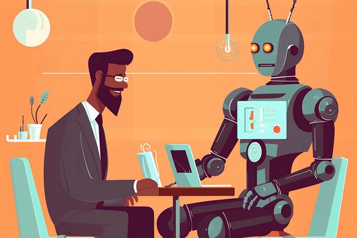 piirretty kuva neuvottelusta robotin kanssa