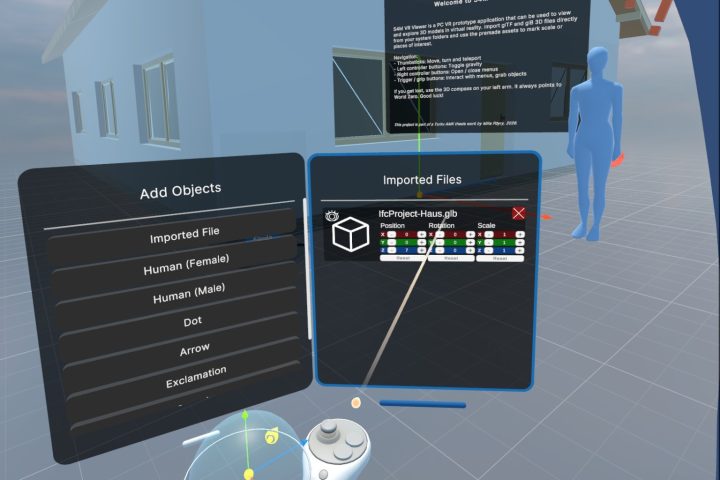 Näkymä VR-sovelluksesta, jossa tarkastellaan 3D-rakennuspiirustuksia realistisessa skaalassa. Kuvassa näkyy talomalli ja käyttöliittymä, jolla VR-ympäristöön tuotuja 3D-malleja voi siirtää tai käännellä.